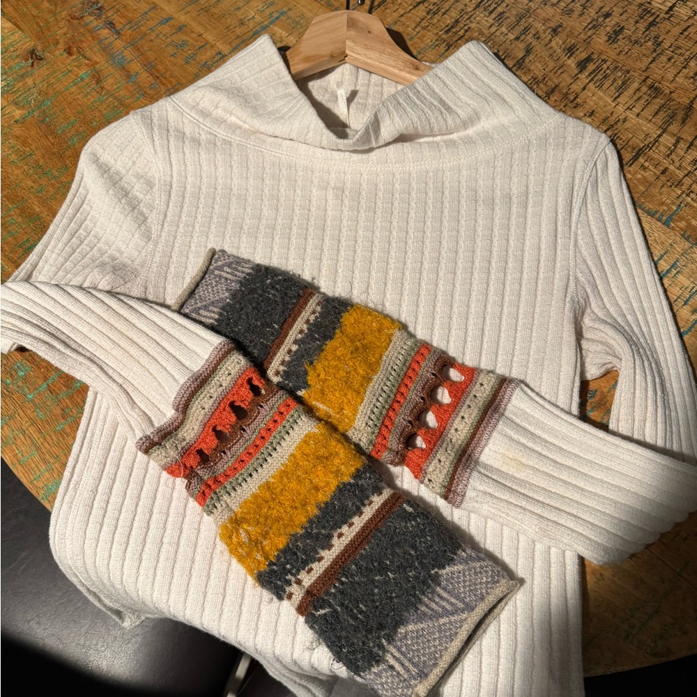 Free People Small S White Mixed Up Cuff Top Thermal Long Sleeve Cowl Neck Ribbed